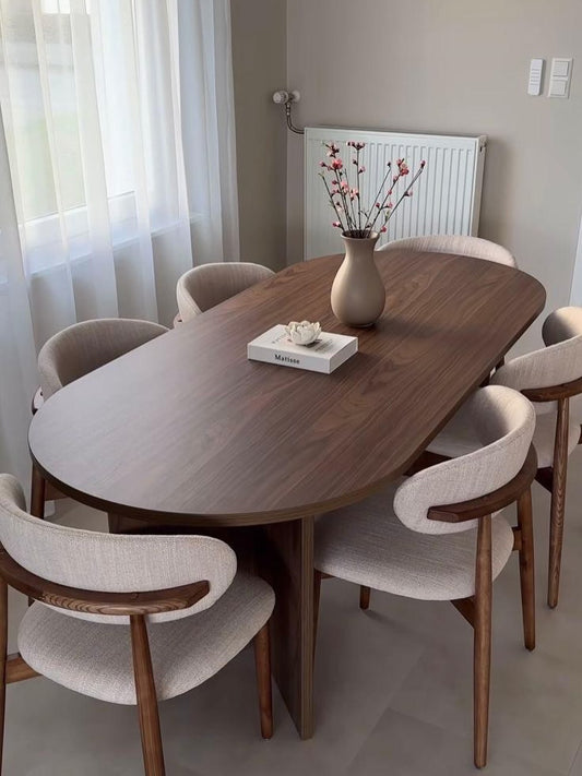 Table à manger bois noyer + 6 chaises bouclé – Set Aurora (Design Scandinave)